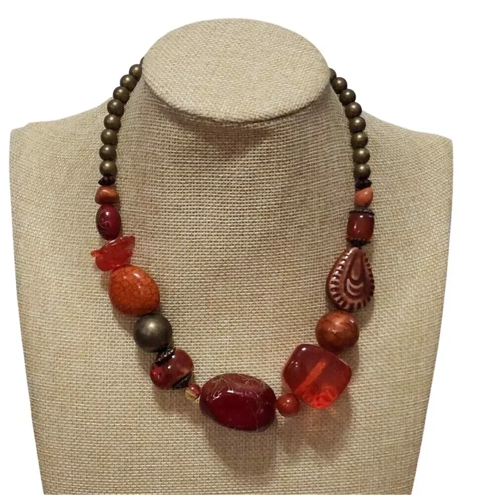 Treska Womens Chunky Beaded Statement Necklace Orange Red Bronze Earthy Boho NWT